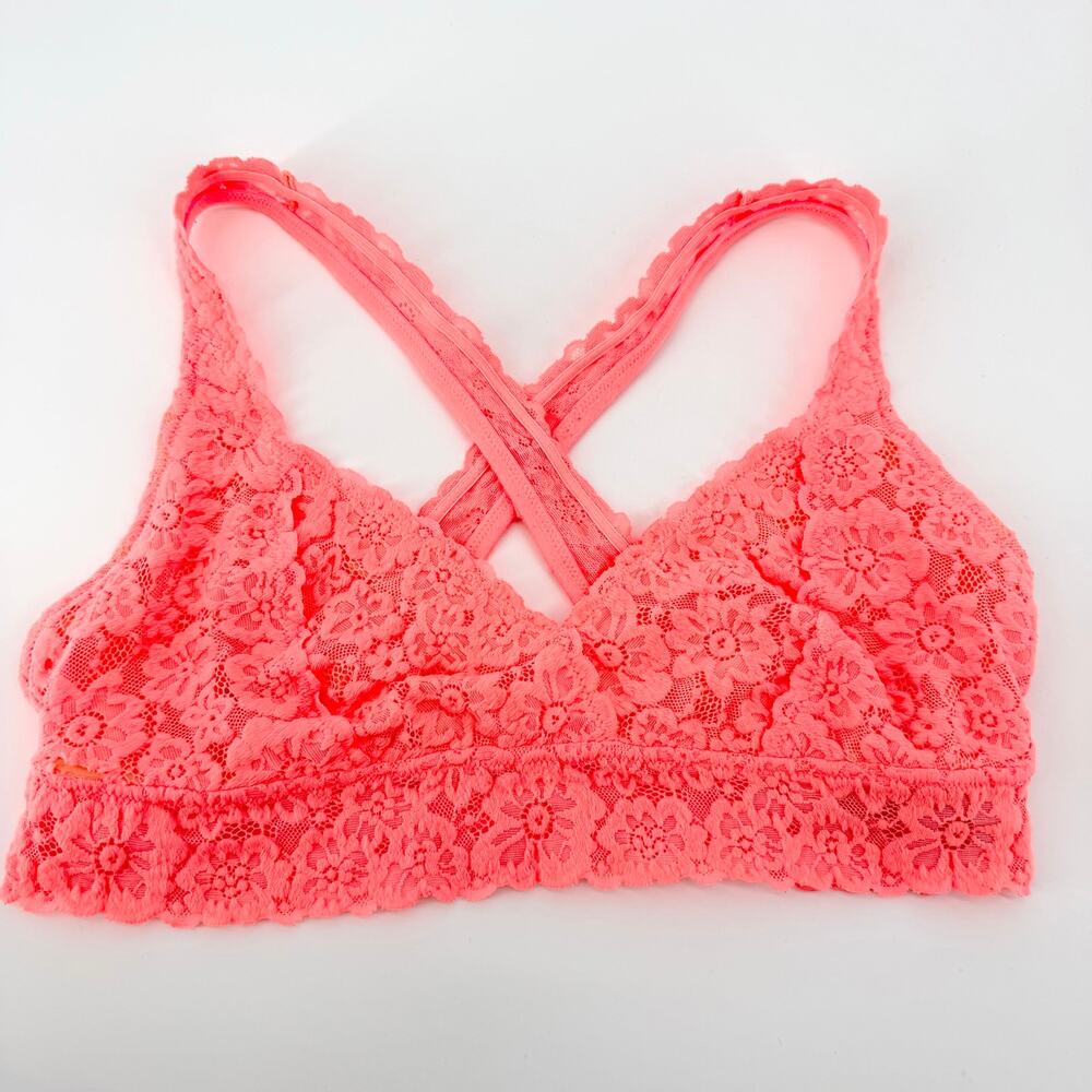 Aerie Neon Coral Floral Lace Cross Back Bralette Size L Cozy Lounge Bra